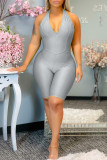 Grey Sexy Solid Patchwork Backless Halter Regular Rompers
