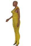 Yellow Street Print Ripped Hollowed Out O Neck Jumpsuits