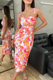 Blue Sexy Print Backless Spaghetti Strap Pencil Skirt Dresses