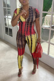 Yellow Casual Print Patchwork Zipper Collar Regular Jumpsuits