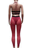 White Sexy Solid Patchwork See-through Backless Halter Sleeveless Two Pieces