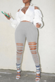 Grey Sexy Solid Ripped Skinny High Waist Pencil Solid Color Bottoms