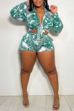 Green Casual Print Bandage Patchwork Turndown Collar Long Sleeve Two Pieces