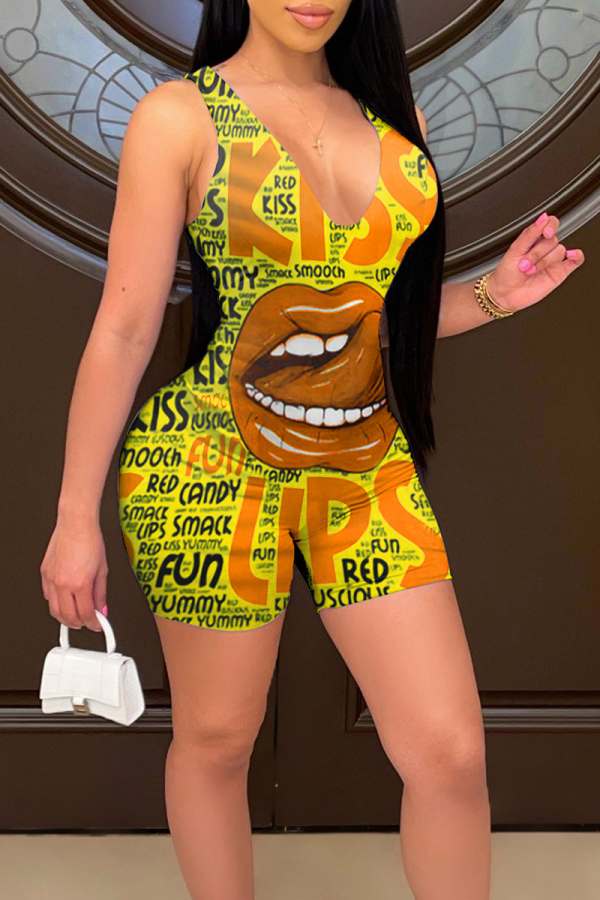 Yellow Sexy Print Patchwork U Neck Skinny Rompers