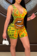 Yellow Sexy Print Patchwork U Neck Skinny Rompers