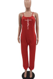 Red Casual Street Print Patchwork Spaghetti Strap Straight Jumpsuits