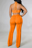 Orange Sexy Lips Printed Backless Asymmetrical Halter Sleeveless Two Pieces