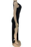 Black Sexy Print Patchwork Slit Asymmetrical Zipper Oblique Collar Straight Dresses