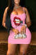 Pink Fashion Sexy Lips Printed Backless Spaghetti Strap Sleeveless Dress