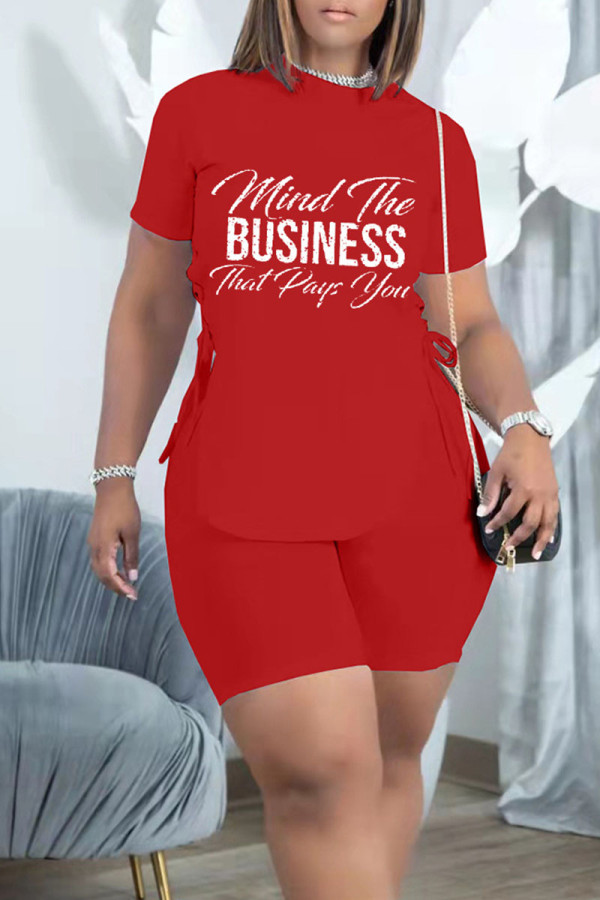 Red Casual Print Bandage Hollowed Out Patchwork O Neck Short Sleeve Two Pieces