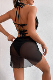 Black Fashion Sexy Solid Bandage Backless Swimwears Three-piece Set (With Paddings)