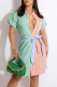 Green Casual Striped Print Patchwork Buckle Turndown Collar Shirt Dress Dresses