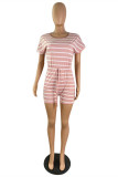 Pink Fashion Casual Striped Print Basic O Neck Regular Rompers