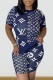 Blue Fashion Casual Print Patchwork O Neck Short Sleeve Two Pieces