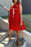 Red Casual Print Patchwork Oblique Collar A Line Dresses