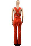 Red Sexy Solid Bandage Hollowed Out Patchwork Asymmetrical V Neck Sleeveless Two Pieces