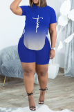 Blue Casual Print Slit O Neck Short Sleeve Two Pieces