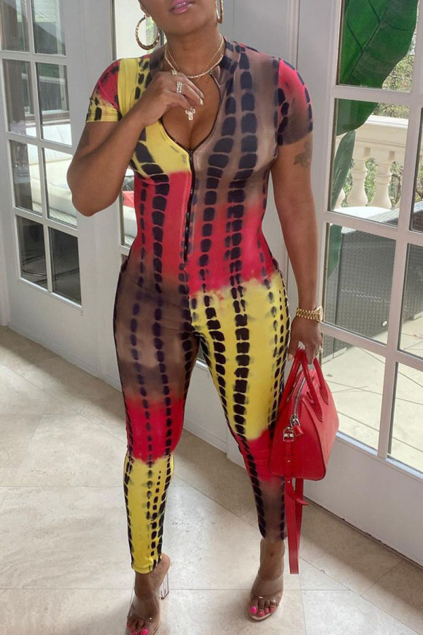 Yellow Casual Print Patchwork Zipper Collar Regular Jumpsuits