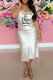 White Fashion Sexy Print Letter Spaghetti Strap One Step Skirt Dresses