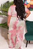 Pink Casual Print Split Joint O Neck Plus Size Two Pieces