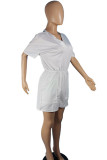 White Casual Solid Patchwork Pocket V Neck Straight Rompers
