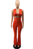 Red Sexy Solid Bandage Hollowed Out Patchwork Asymmetrical V Neck Sleeveless Two Pieces