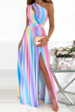 Multicolor Fashion Casual Patchwork Print Hollowed Out Slit Oblique Collar Sleeveless Dress