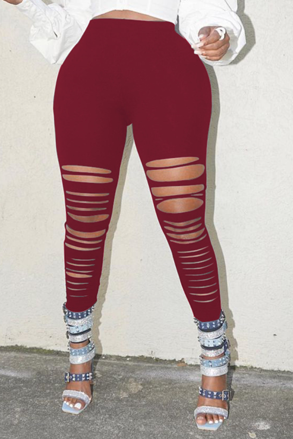 Burgundy Sexy Solid Ripped Skinny High Waist Pencil Solid Color Bottoms