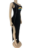 Black Sexy Print Patchwork Slit Asymmetrical Zipper Oblique Collar Straight Dresses