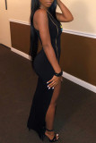 Black Sexy Print Patchwork Slit Asymmetrical Zipper Oblique Collar Straight Dresses