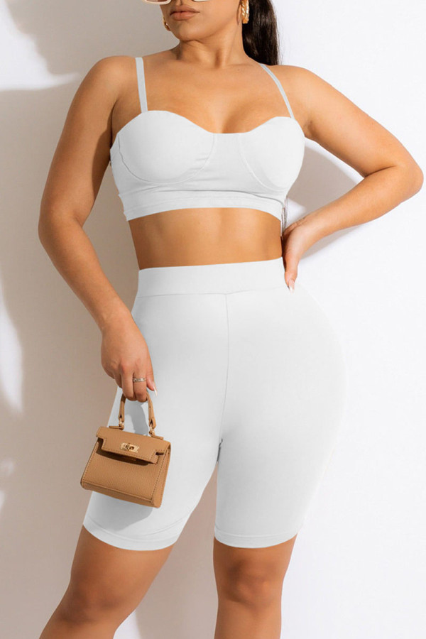 White Sexy Solid Patchwork Spaghetti Strap Sleeveless Two Pieces