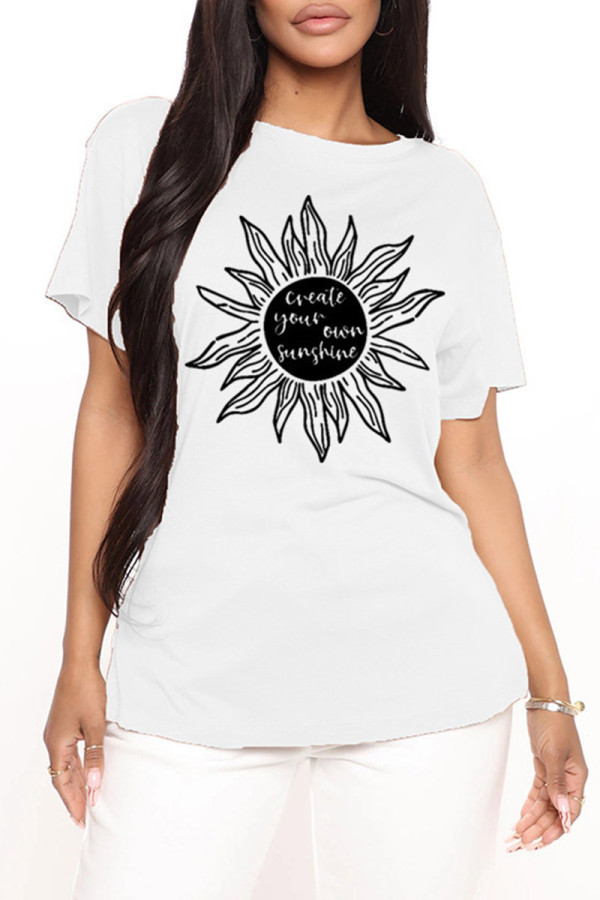 White Fashion Casual Print Basic O Neck T-Shirts