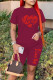 Burgundy Casual Print Patchwork O Neck Short Sleeve Two Pieces