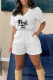 White Fashion Print Patchwork V Neck Short Sleeve Two Pieces
