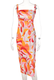 Blue Sexy Print Backless Spaghetti Strap Pencil Skirt Dresses