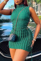 Green Sexy Solid Bandage Hollowed Out Split Joint Half A Turtleneck Pencil Skirt Dresses