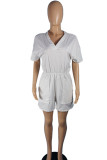 White Casual Solid Patchwork Pocket V Neck Straight Rompers