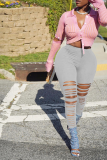 Grey Sexy Solid Ripped Skinny High Waist Pencil Solid Color Bottoms