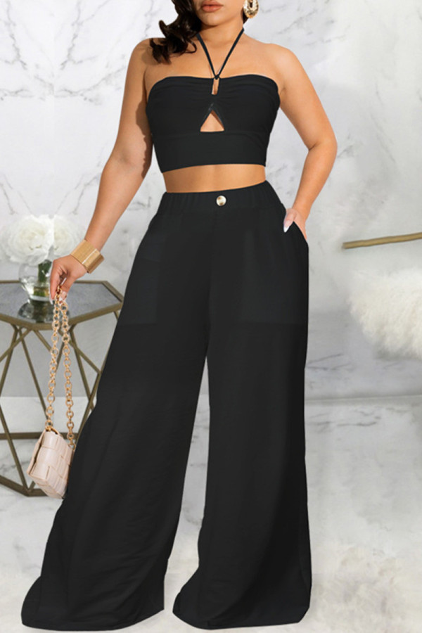 Black Fashion Casual Print Solid Hollowed Out Backless Strapless Sleeveless Two Pieces