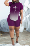 Blue Casual Print Slit O Neck Short Sleeve Two Pieces