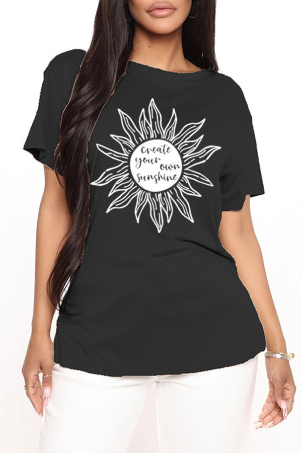 Black Fashion Casual Print Basic O Neck T-Shirts
