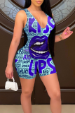 Blue Sexy Print Patchwork U Neck Skinny Rompers