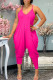 Rose Red Casual Solid Patchwork O Neck Jumpsuits
