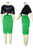 Green Casual Print Tassel Patchwork O Neck Short Sleeve Two Pieces