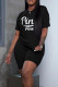 Black Casual Print Patchwork O Neck Short Sleeve Two Pieces