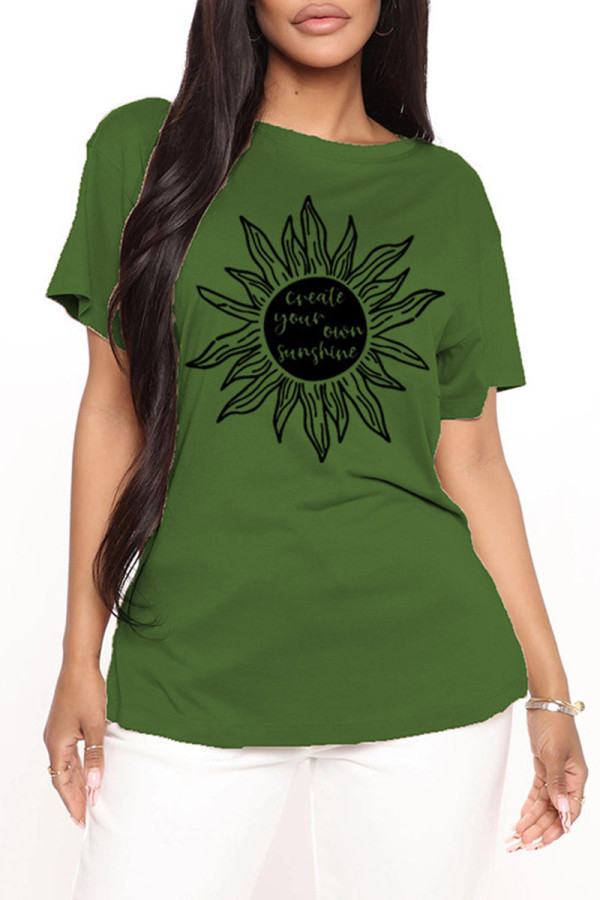 Army Green Fashion Casual Print Basic O Neck T-Shirts