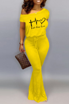 Yellow Fashion Print Split Joint One Shoulder Boot Cut Jumpsuits