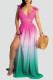 Rose Red Sweet Gradual Change Print Patchwork Backless V Neck Straight Dresses
