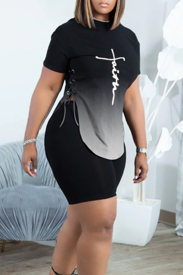 Black Casual Print Slit O Neck Short Sleeve Two Pieces