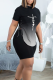 Black Casual Print Slit O Neck Short Sleeve Two Pieces